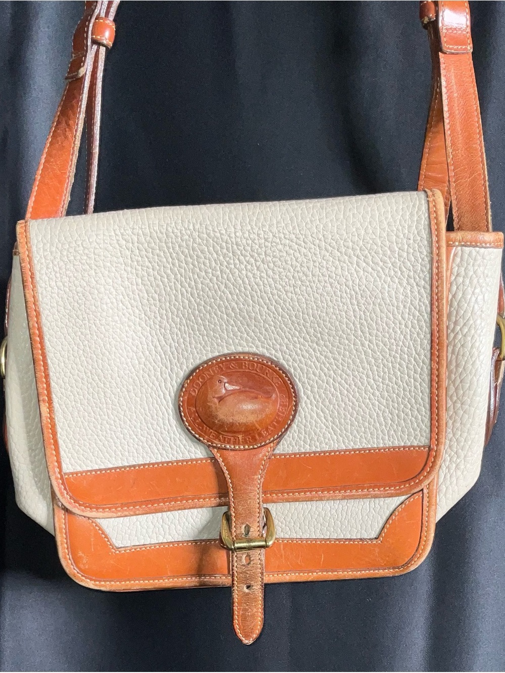 Dooney & Bourke Cream and Brown Pebbled Leather Messenger Bag